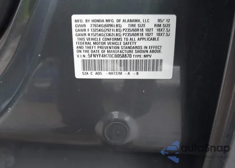 2012 Honda Pilot Ex-L z USA, uszkodzony, nr VIN 5FNYF4H70CB058870